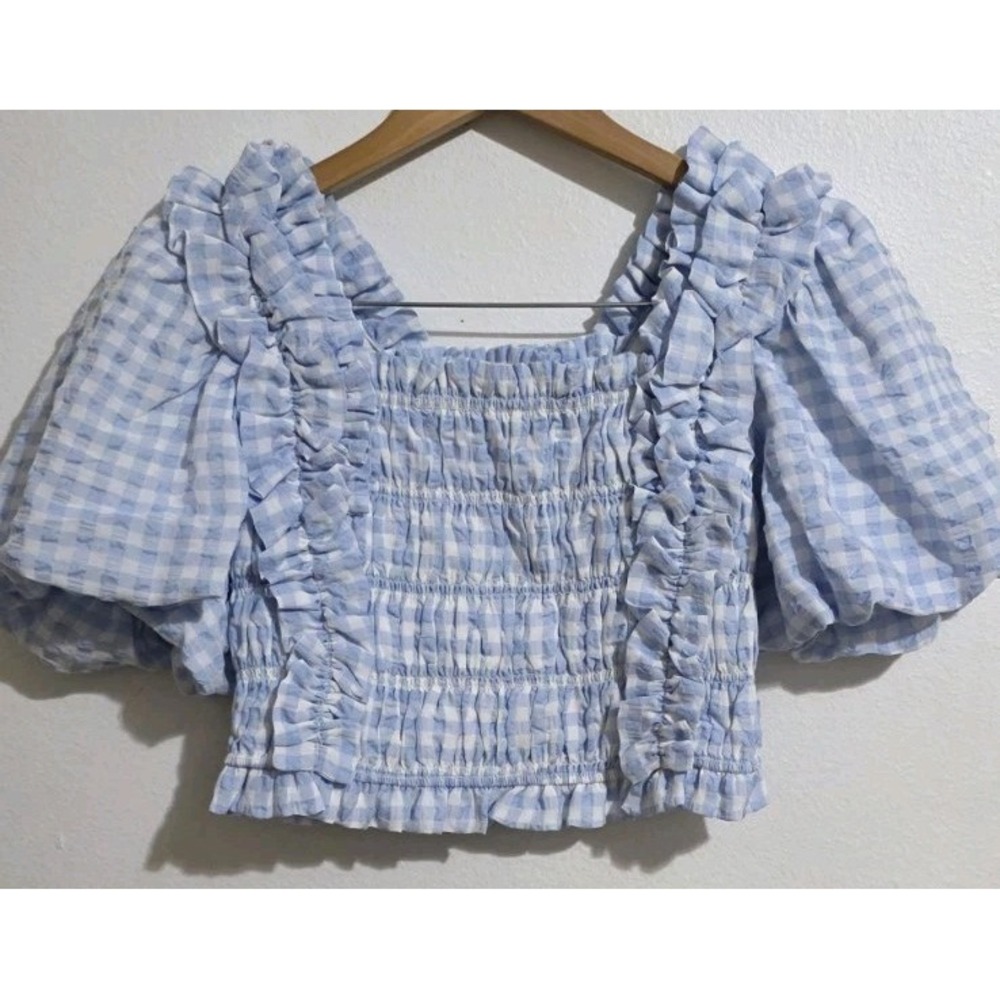 2.7 August Apparel Puff Sleeve‎ Ruffle Crop Check Picnic Cottage Core Sorority